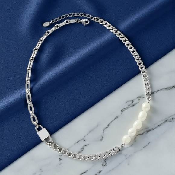 ποΈPadlock Freshwater Pearl 18K White Gold Plated Stainless Steel Necklace - Picture 9 of 15